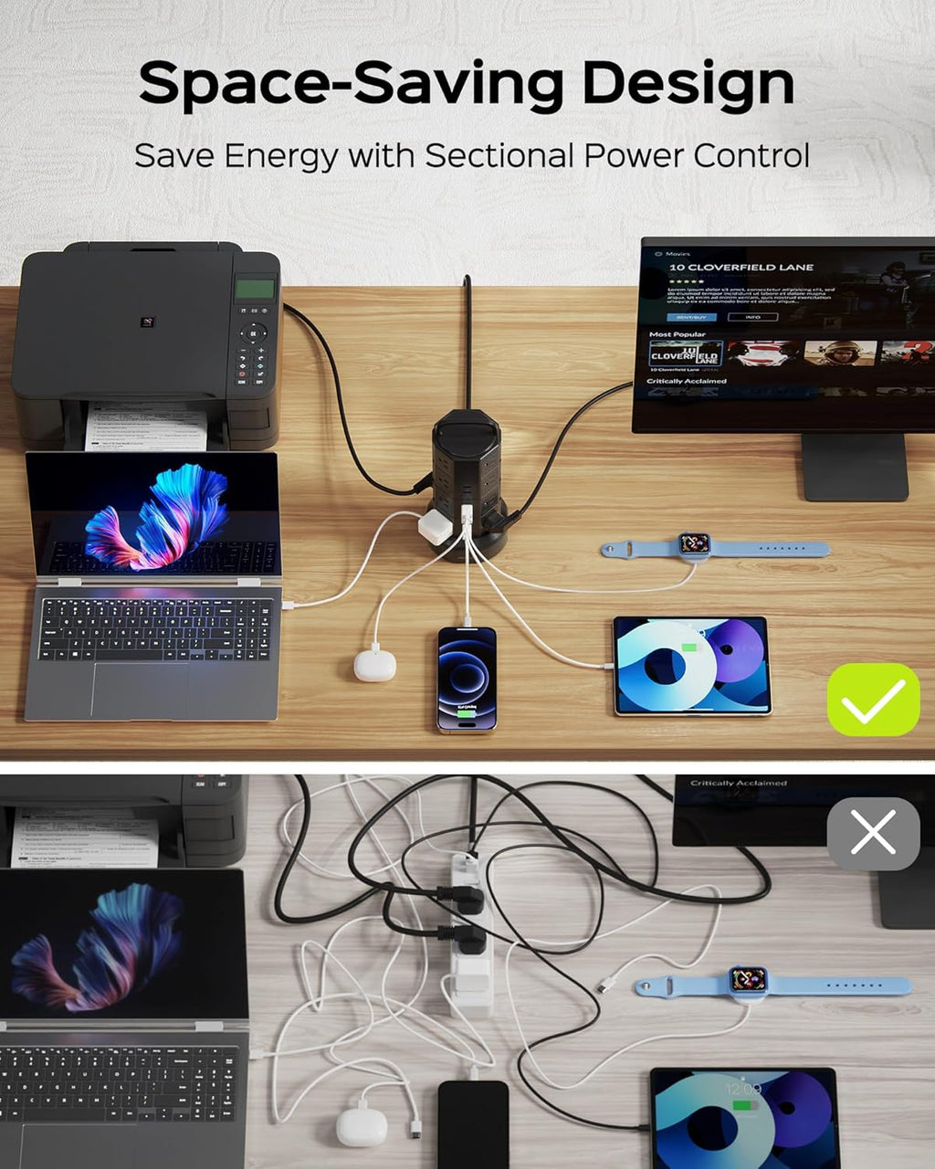 Black power strip tower with compact design, powering devices via outlets and USB ports