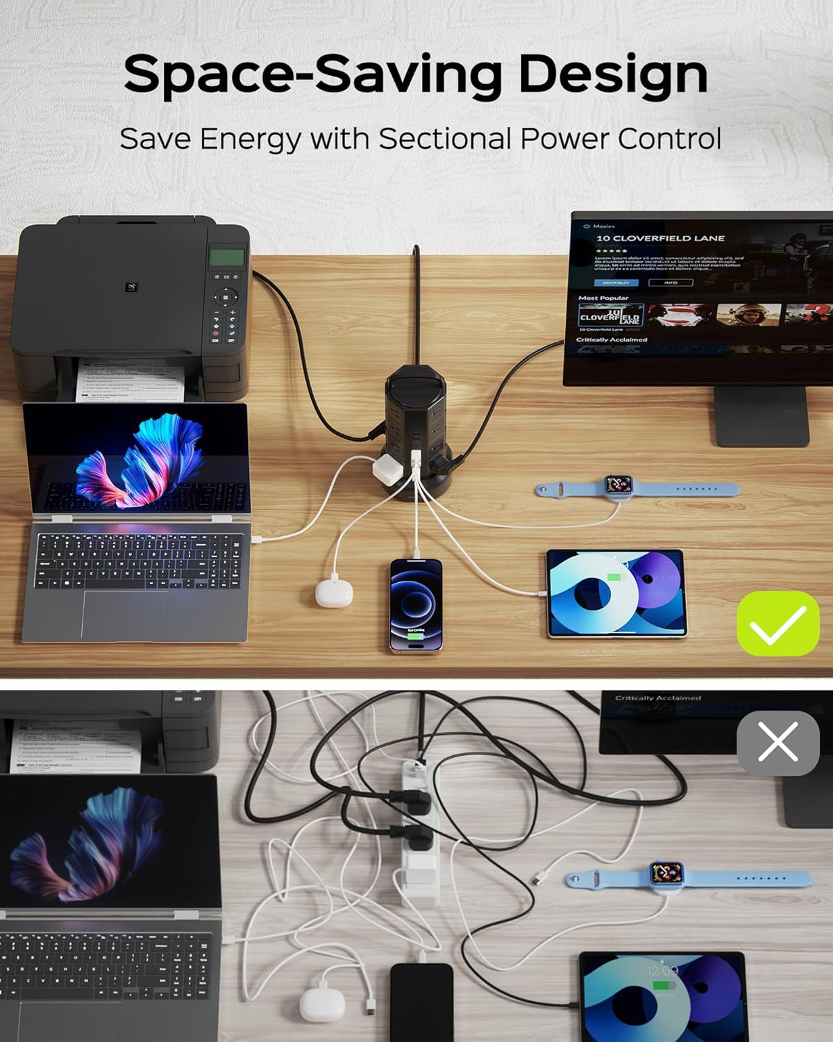 Black power strip tower with compact design, powering devices via outlets and USB ports