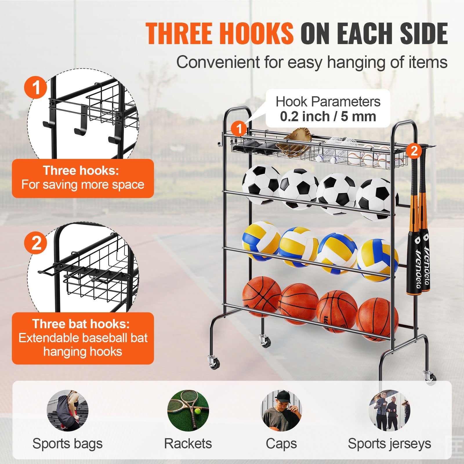 4-tier sports storage rack with three hanging hooks on each side and front ball shelf