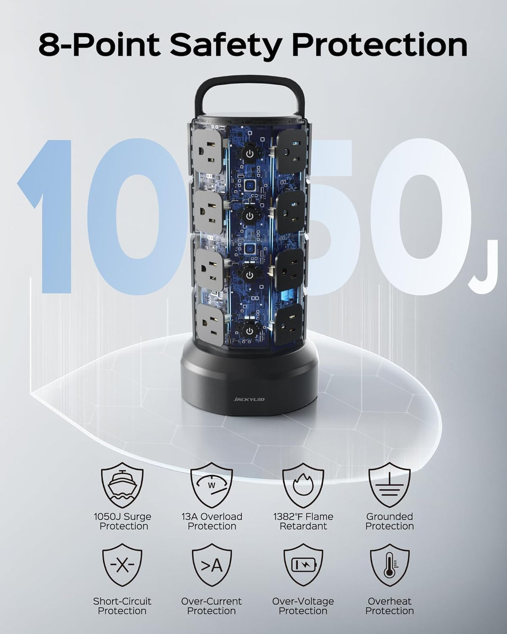 Black power strip tower with internal circuitry view and security protection icons
