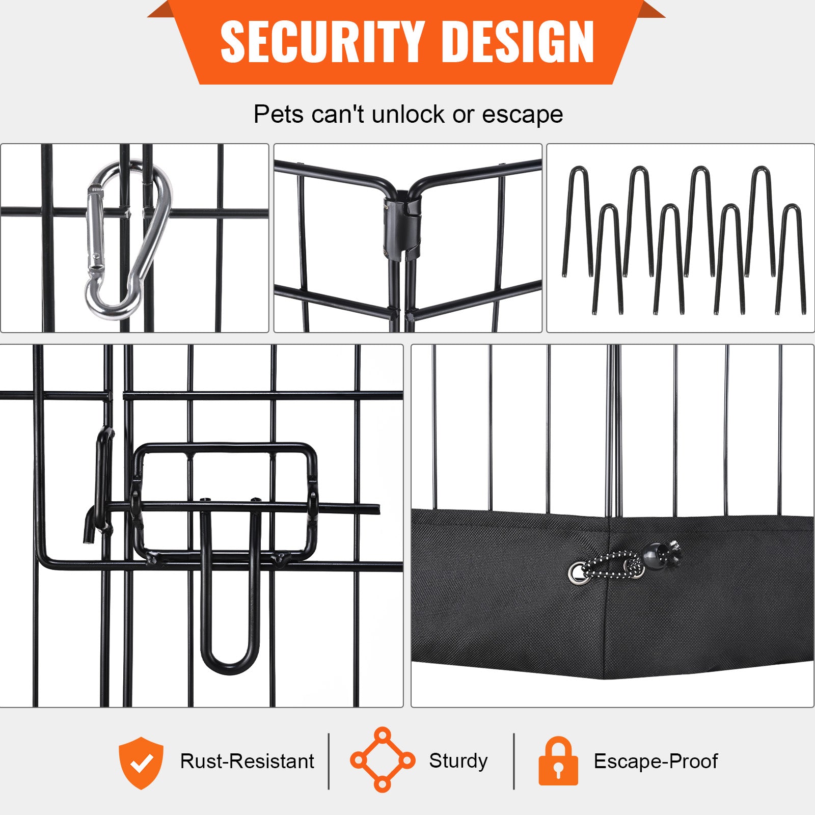 Black metal pet playpen security latch and reinforced door bars, close-up detail