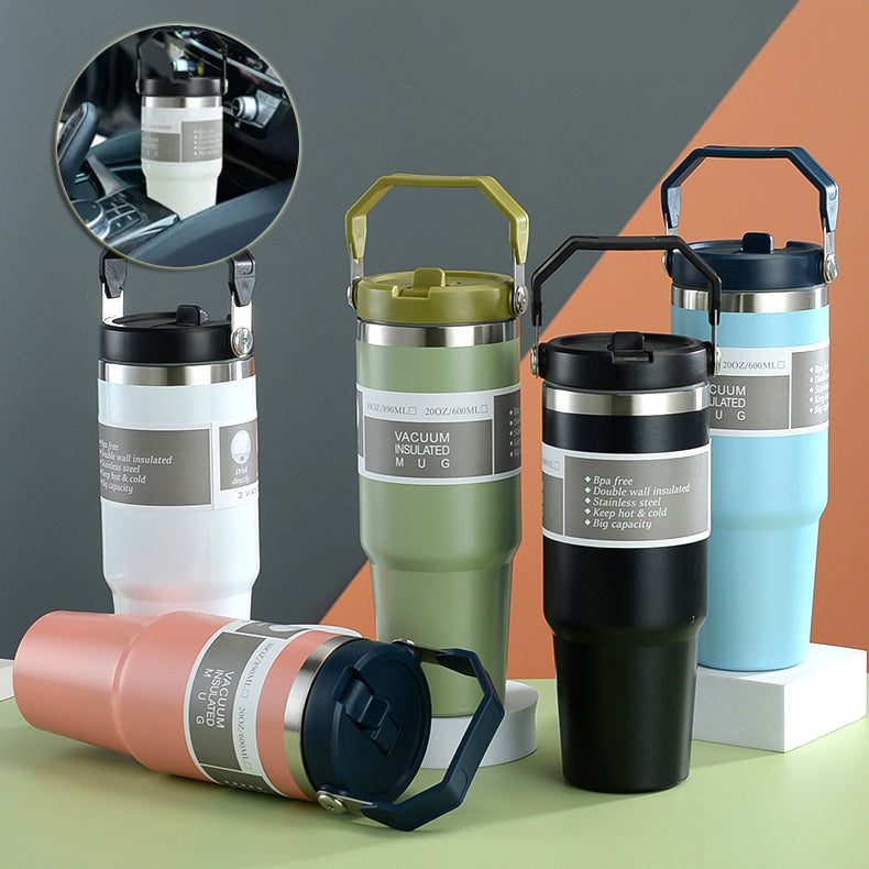 Vacuum insulated stainless steel travel tumblers with handles and lids, mixed colors