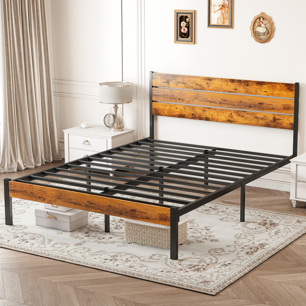 Metal bed frame with headboard and footboard, black base and woodgrain panel accents