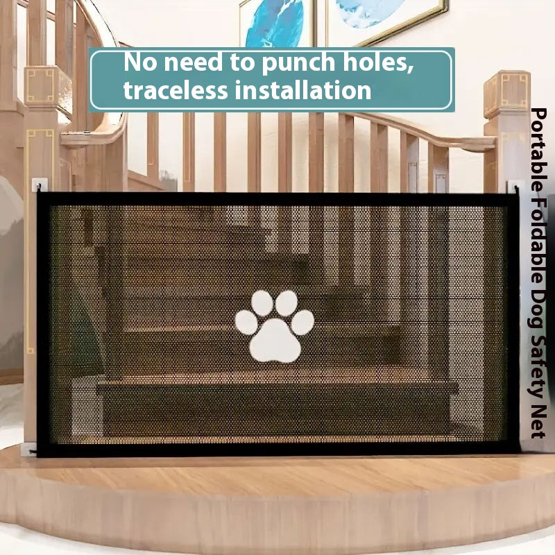 Black mesh pet playpen gate with white paw logo on rectangular enclosure panel