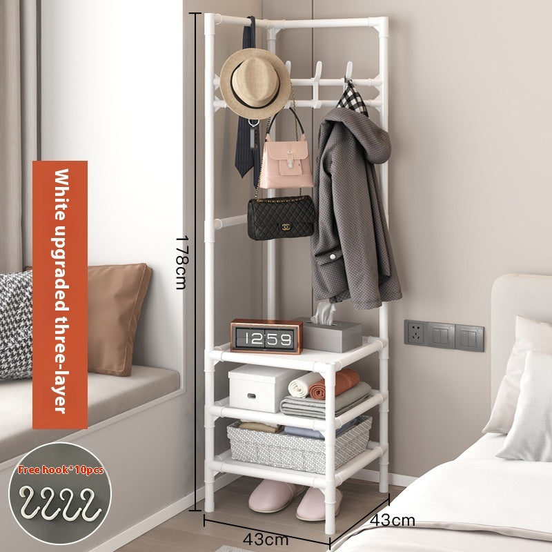 Front view black corner coat rack with hanging bar and two lower open shelves