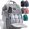 Gray diaper bag backpack with changing station, front zipper pocket, side carry handles