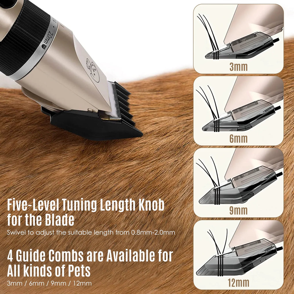 Pet clipper blade with five adjustable guide combs labeled 3mm, 6mm, 9mm, 12mm