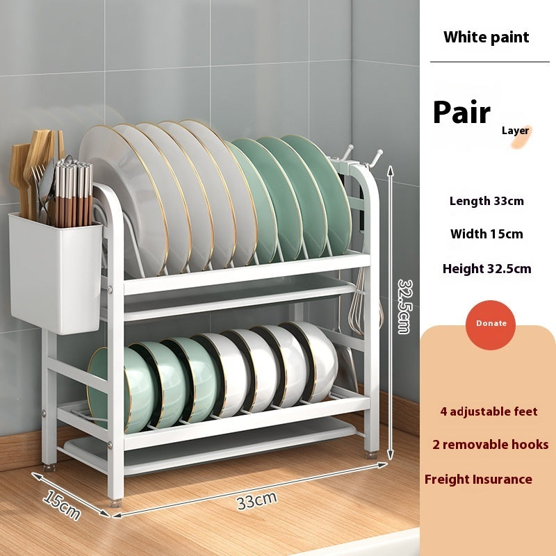 Double-Layer Kitchen Storage Rack — Dish Rack with Chopstick Canister & Hooks
