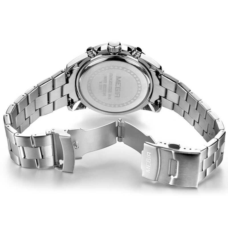 Stainless steel watch bracelet and caseback, side view with clasp and logo engraving