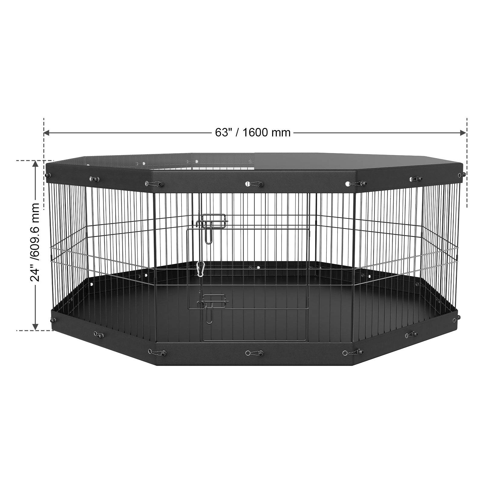 Black metal dog playpen with top cover and front latch, shown with size dimensions
