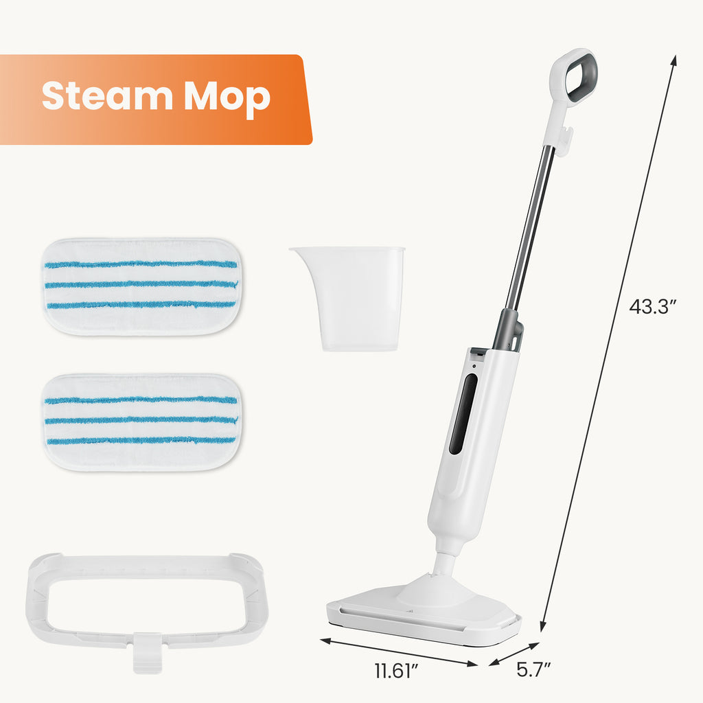 Steam mop kit with white mop body, pad base, and two blue-striped microfiber pads