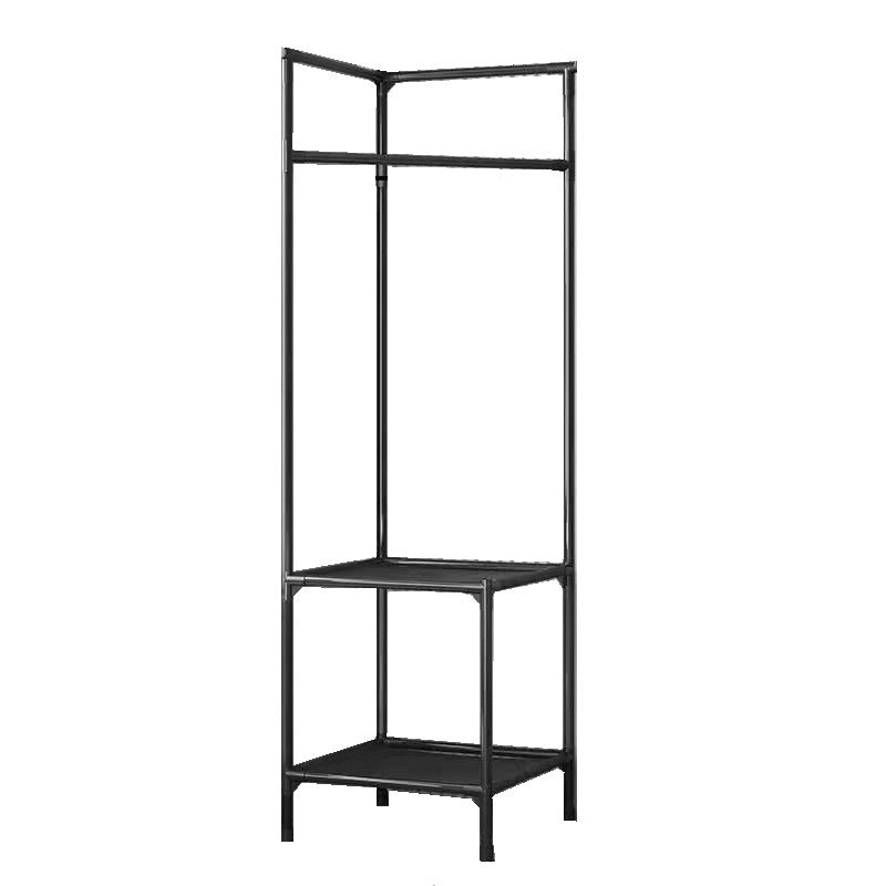 Black corner coat rack frame with top hanging bar and two lower open shelves
