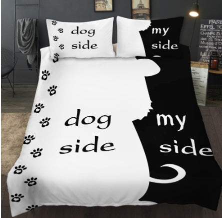 3-piece bedding set: white dog-side duvet with paw prints and black my-side pillow