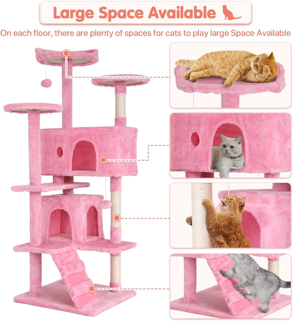 54-In Double Condo Cat Tree Tower Playhouse with Scratching Post & Perch for Indoor, Pink