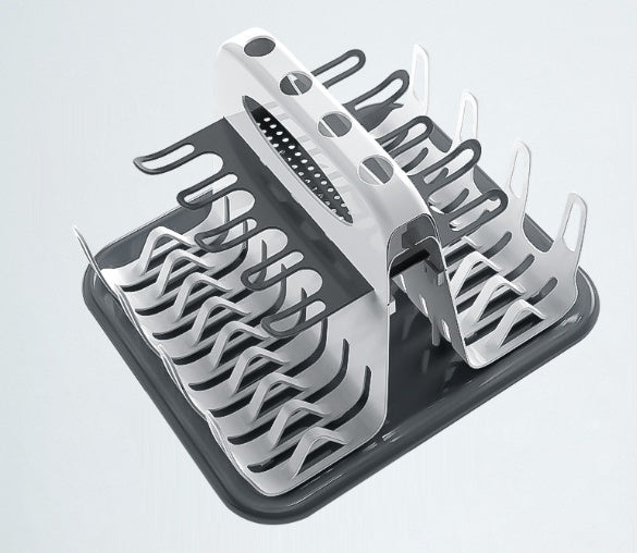 Dish drying rack with folded wire tiers, dark tray and white plate dividers