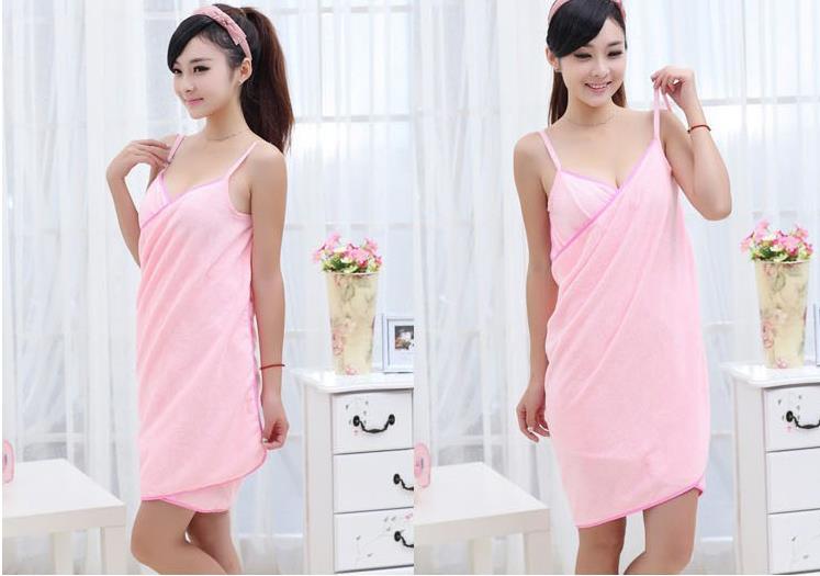 Beach towel wrap dress in pink, spaghetti straps, draped towel wrap above knees