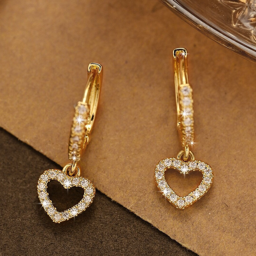 Retro Heart Pendant Earrings — Zircon Drop, Korean Style, Gold & Silver
