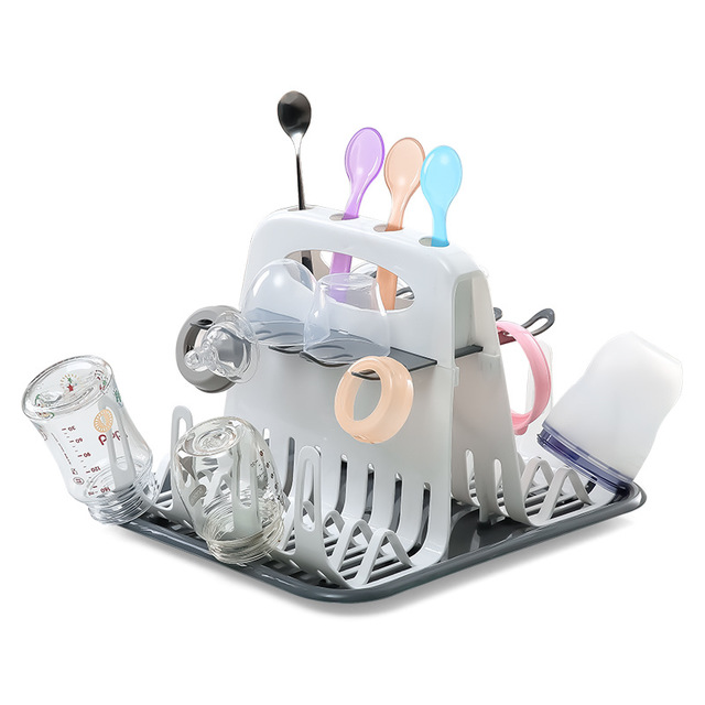 Multi-tier dish drying rack with utensil holders, white frame and dark grey base