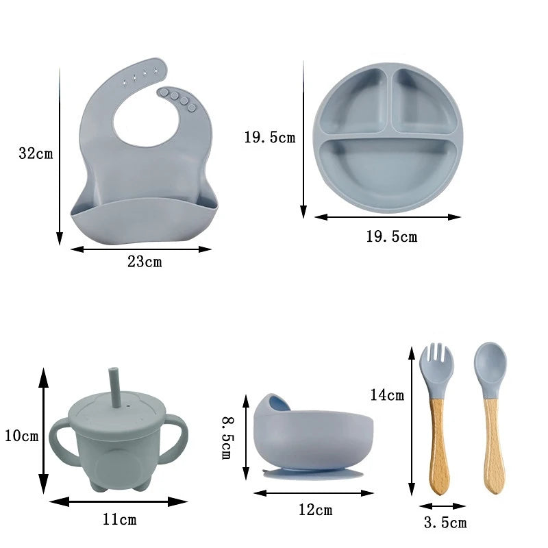 Baby silicone feeding set size chart: bib, divided bowl, cup, spoon and fork dimensions