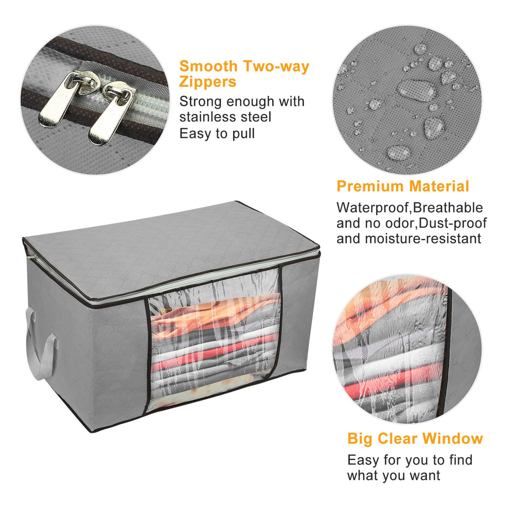 Grey fabric storage bag set with smooth two-way zippers and large clear front window