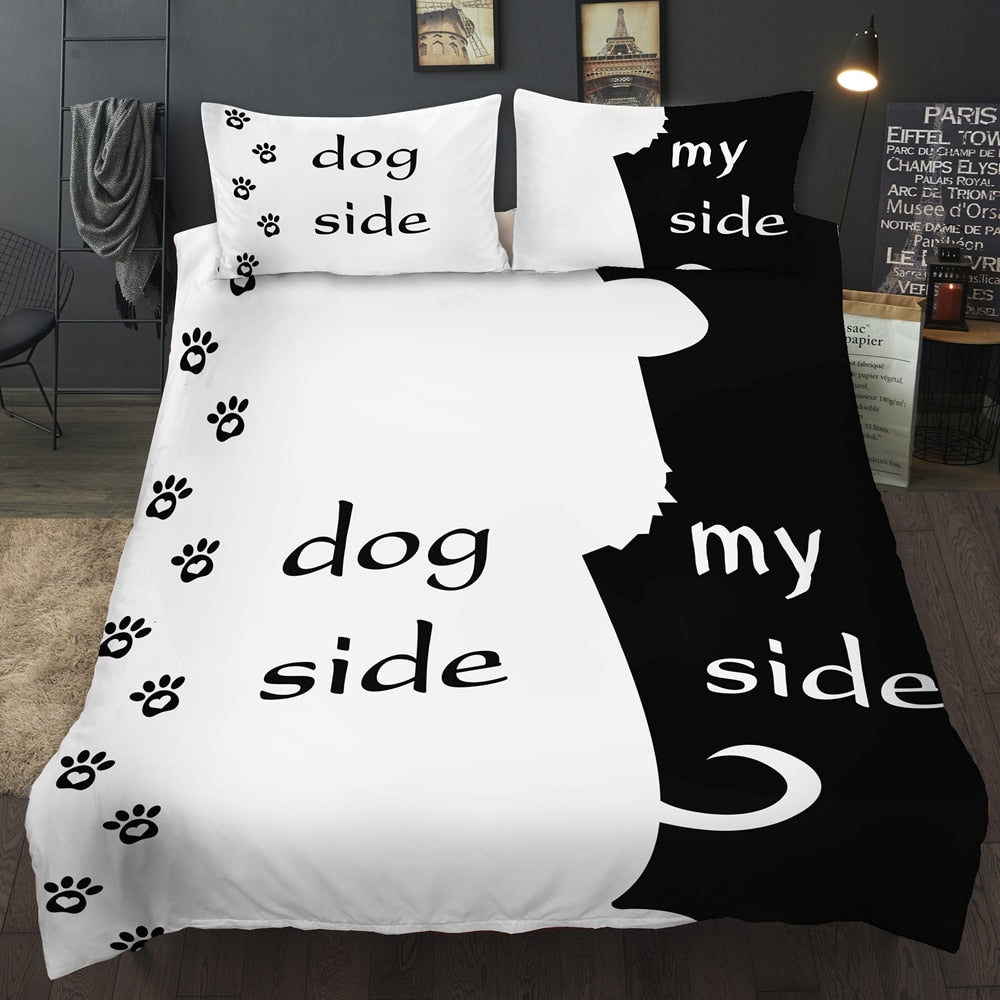 3-piece duvet cover and pillowcase set with dog-side and my-side split dog graphic