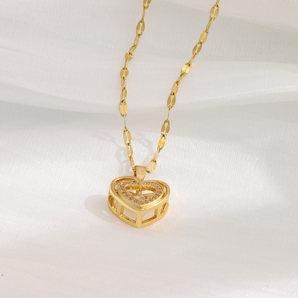 Gold-tone double-layer love heart pendant necklace, rhinestone heart face and open frame