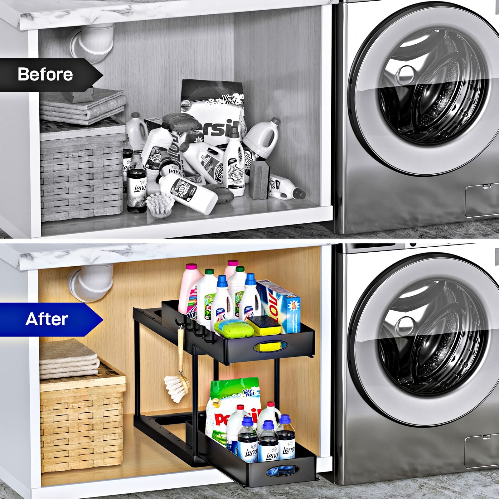 Black dual sliding under-sink organizer holding cleaning products on top and bottom