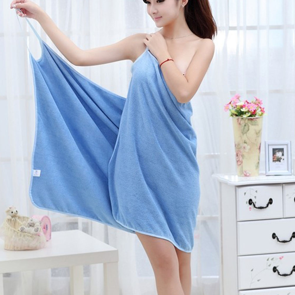 Beach towel wrap dress in blue, spaghetti straps with gathered drape detail