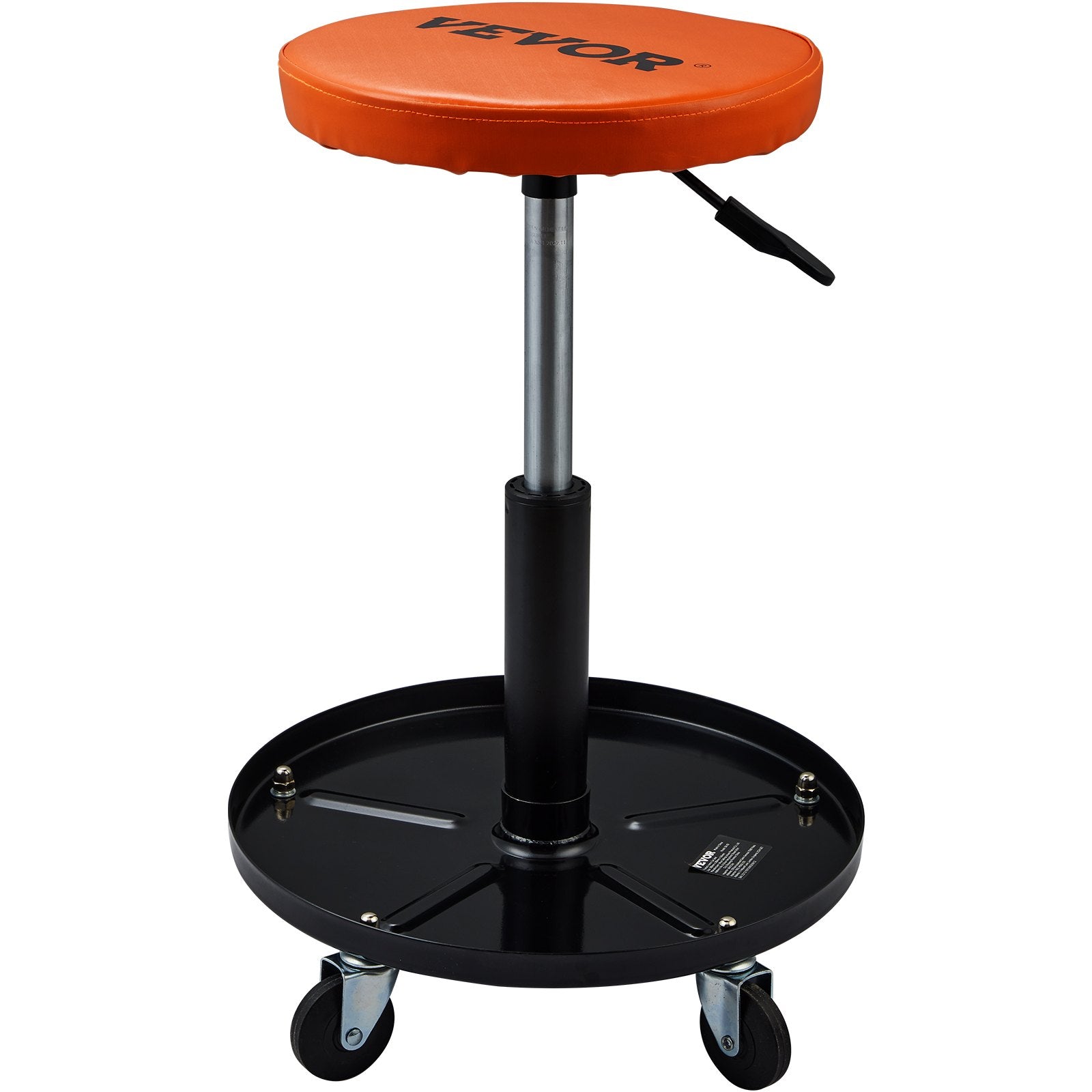 Orange cushioned round seat rolling creeper stool with black caster base
