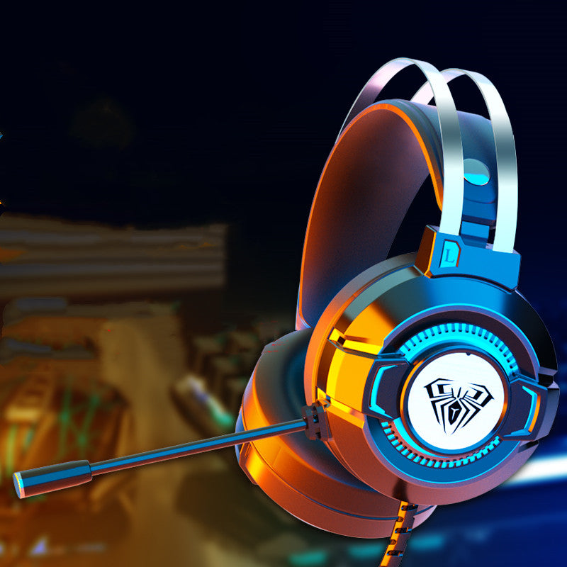 Black gaming headset with RGB earcup ring lights and boom microphone