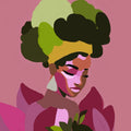 Shower curtain with stylized woman portrait in pop-art colors, bold black hair and face