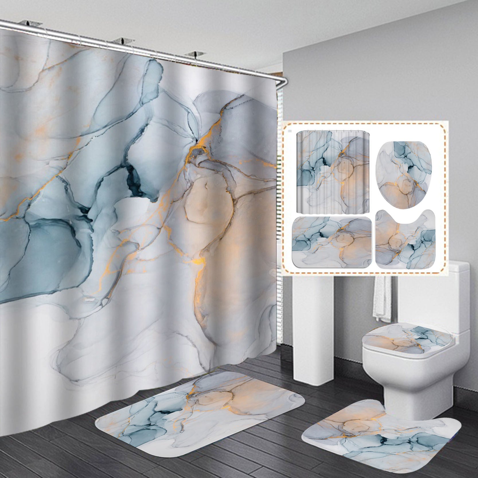 Marble-look shower curtain with matching anti-slip bath mats, white and light blue accents