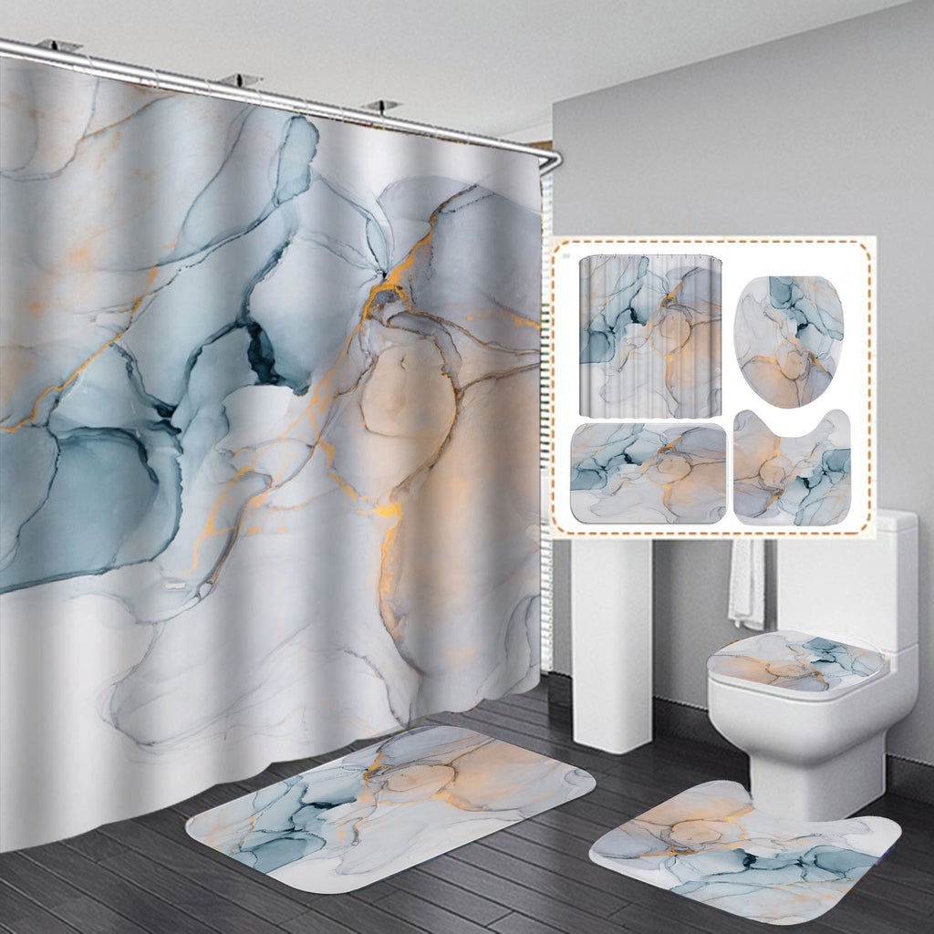 Marble-pattern shower curtain and anti-slip bath mat set, white with blue-gray veins
