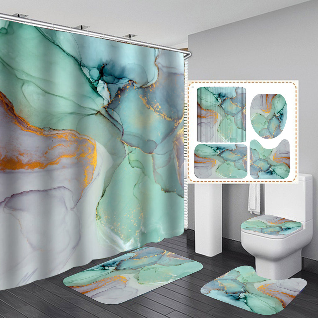 Marble-pattern shower curtain and anti-slip bath mat set, green-teal with orange-gold lines