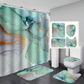 Marble-pattern shower curtain and anti-slip bath mat set, green-teal with orange-gold lines