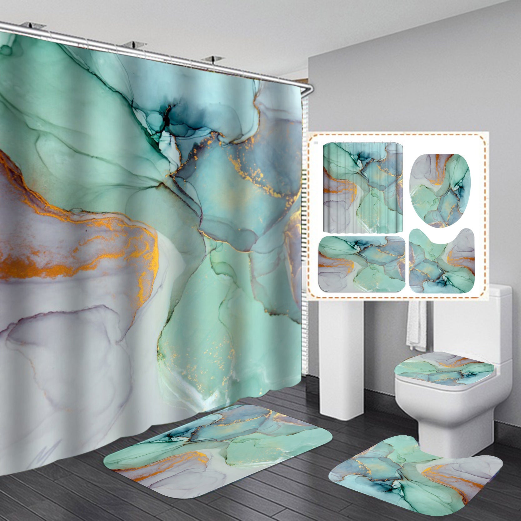 Marble-pattern shower curtain and anti-slip bath mat set, green-teal with orange-gold lines