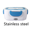 Electric heated lunch box, closed white body with blue handle and side clips, front controls