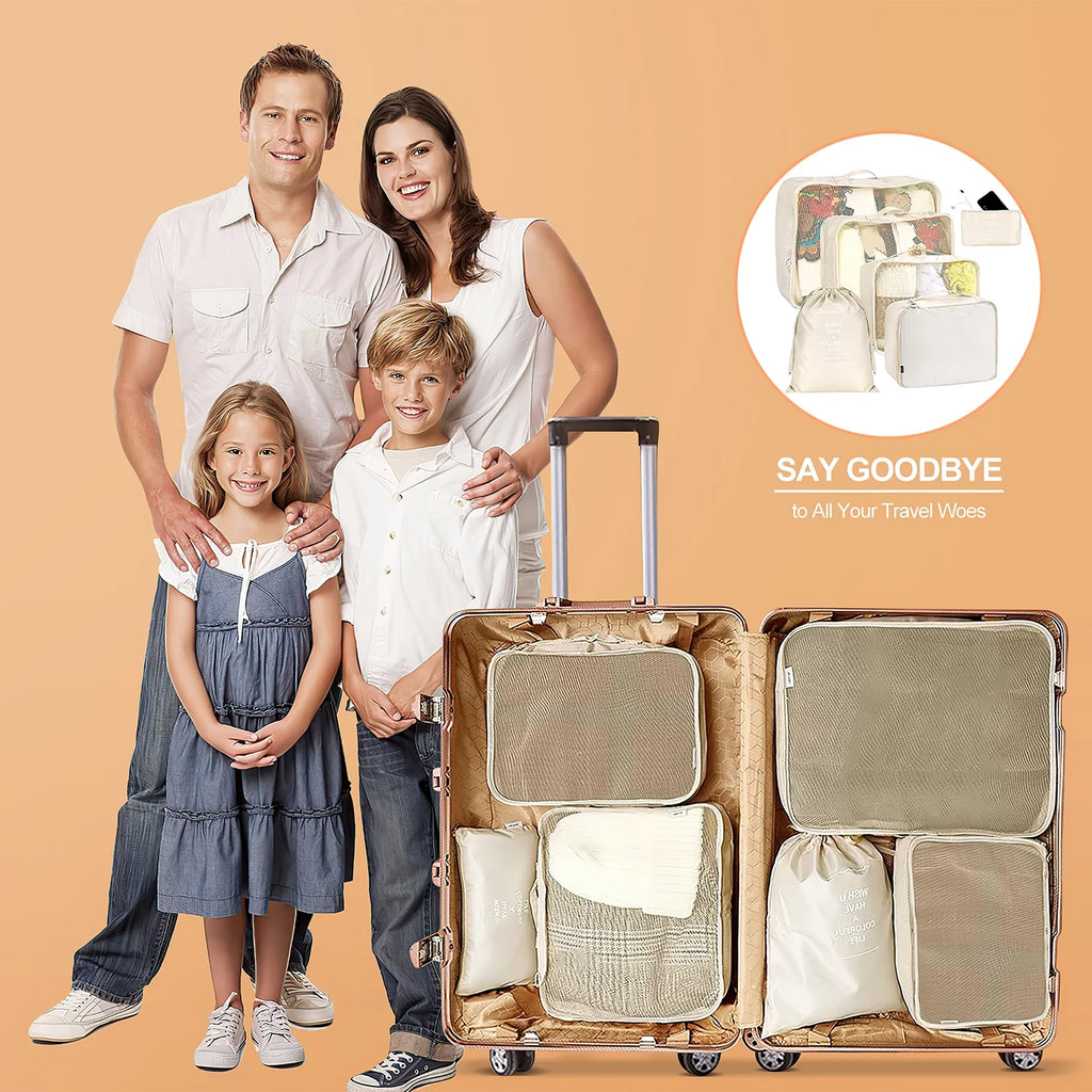Beige packing cubes and toiletry pouches inside an open suitcase compartment