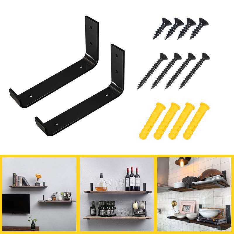 Set of black iron wall shelf support brackets with screws and anchors