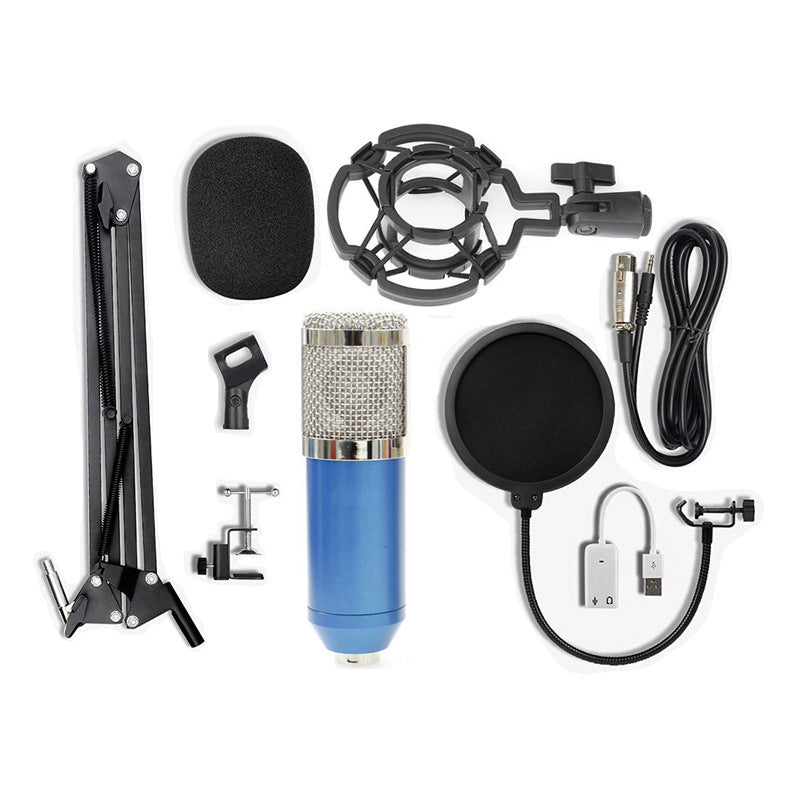 Condenser microphone set with blue body, gold grille, shock mount, pop filter, and cables