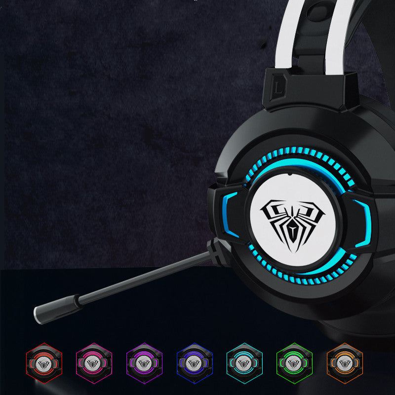 Black gaming headset with blue RGB earcup rings and boom microphone, front view