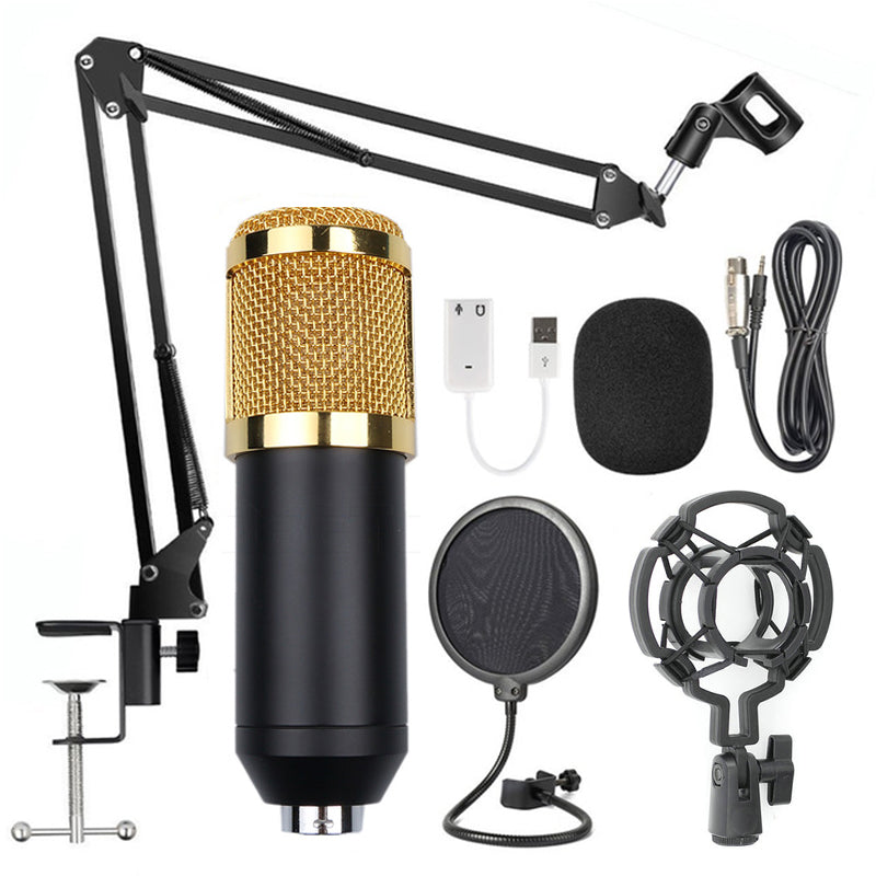 Condenser microphone set with black body, gold grille, boom arm, pop filter, and shock mount