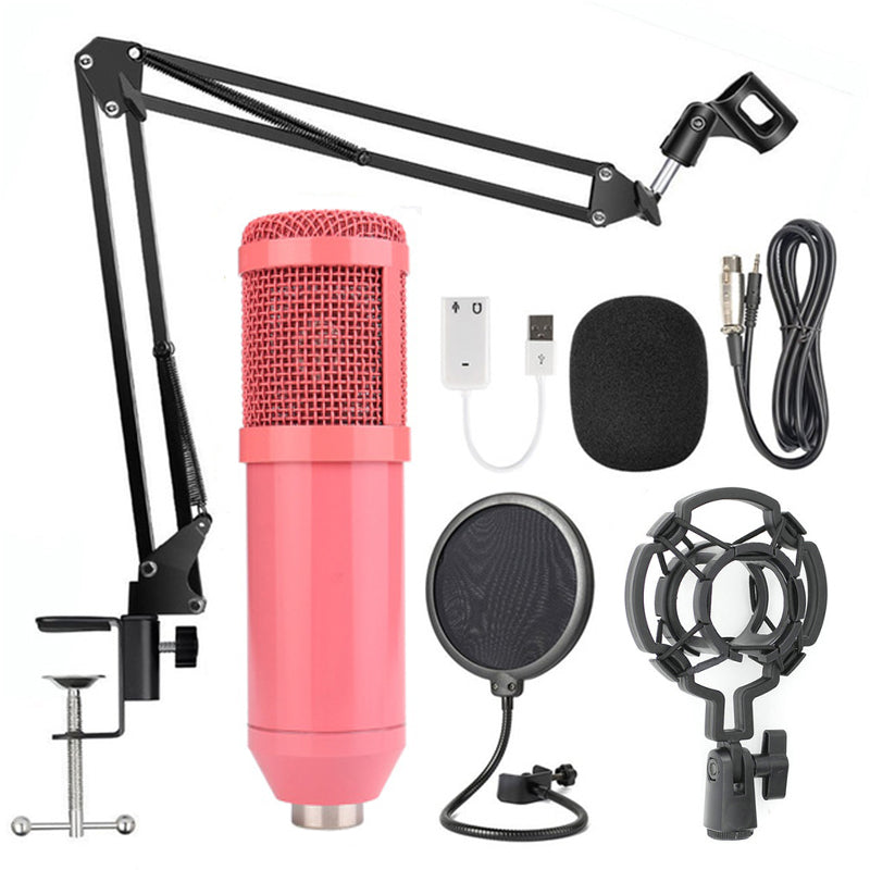 Condenser microphone set with pink body, red grille, boom arm, pop filter, and cable kit