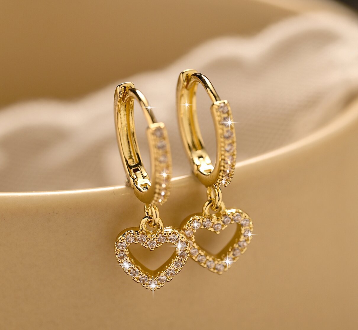 Retro Heart Pendant Earrings — Zircon Drop, Korean Style, Gold & Silver