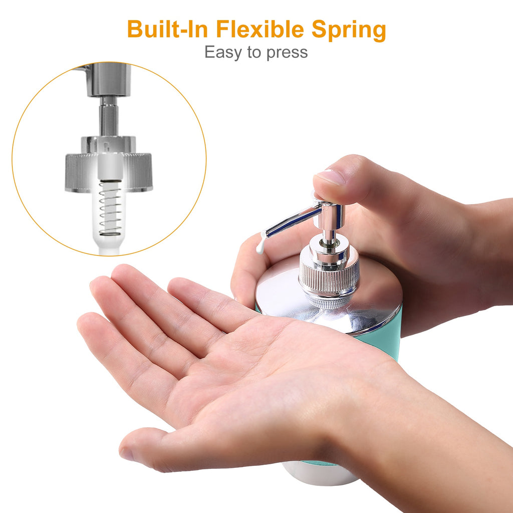 Chrome soap dispenser pump with flexible spring and light teal base