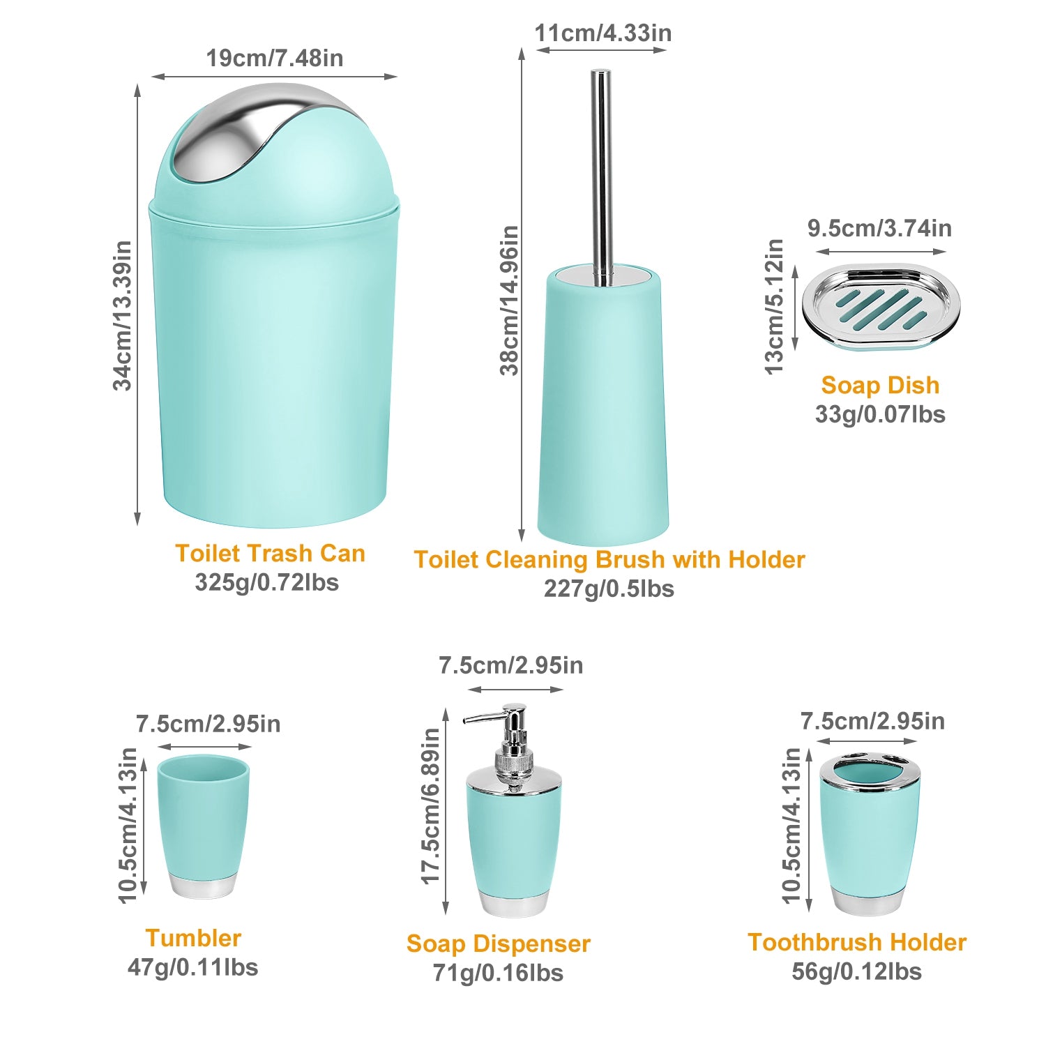 Light teal bathroom accessory set components with chrome trim: trash can, brush, dispenser