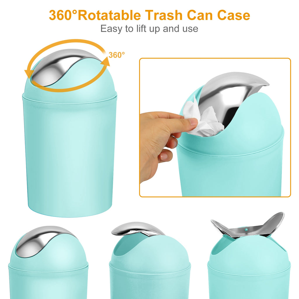 Turquoise toilet trash can with hinged lid showing 360-degree rotation style close-up