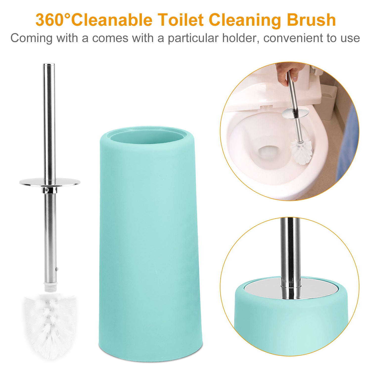 Turquoise toilet cleaning brush with chrome handle and removable brush head in holder