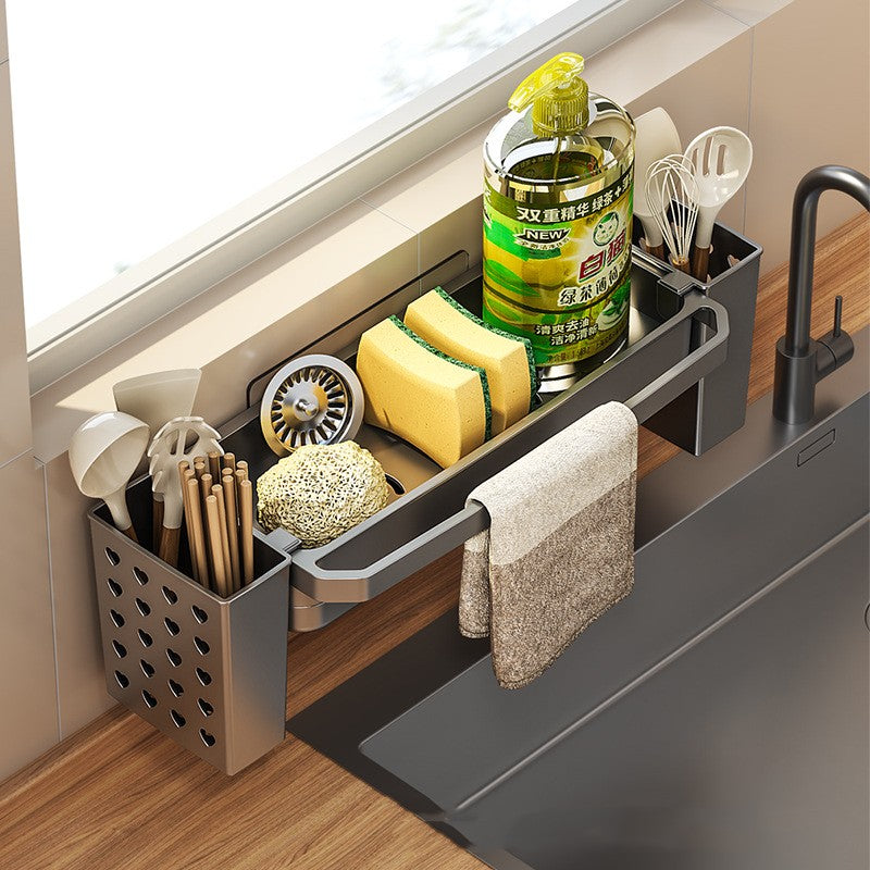 Over-the-sink dish drying rack with side utensil holder and towel bar, dark gray