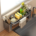 Over-the-sink dish drying rack with side utensil holder and towel bar, dark gray